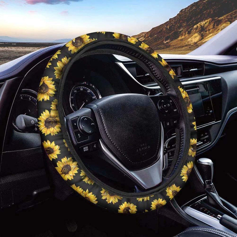  [AUSTRALIA] - BIGCARJOB Yellow Sunflower Steering Wheel Cover Stretch-on Soft Fabric Steering Wheel Cover Universal Fit for Women's Vehicle Decor