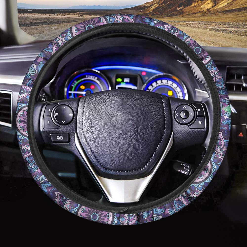  [AUSTRALIA] - JoyLamoria Bohemian Lotus Mandala Print Universal Car Steering Wheel Covers for Women Girls Soft Padding Anti-Slip Car Accessories