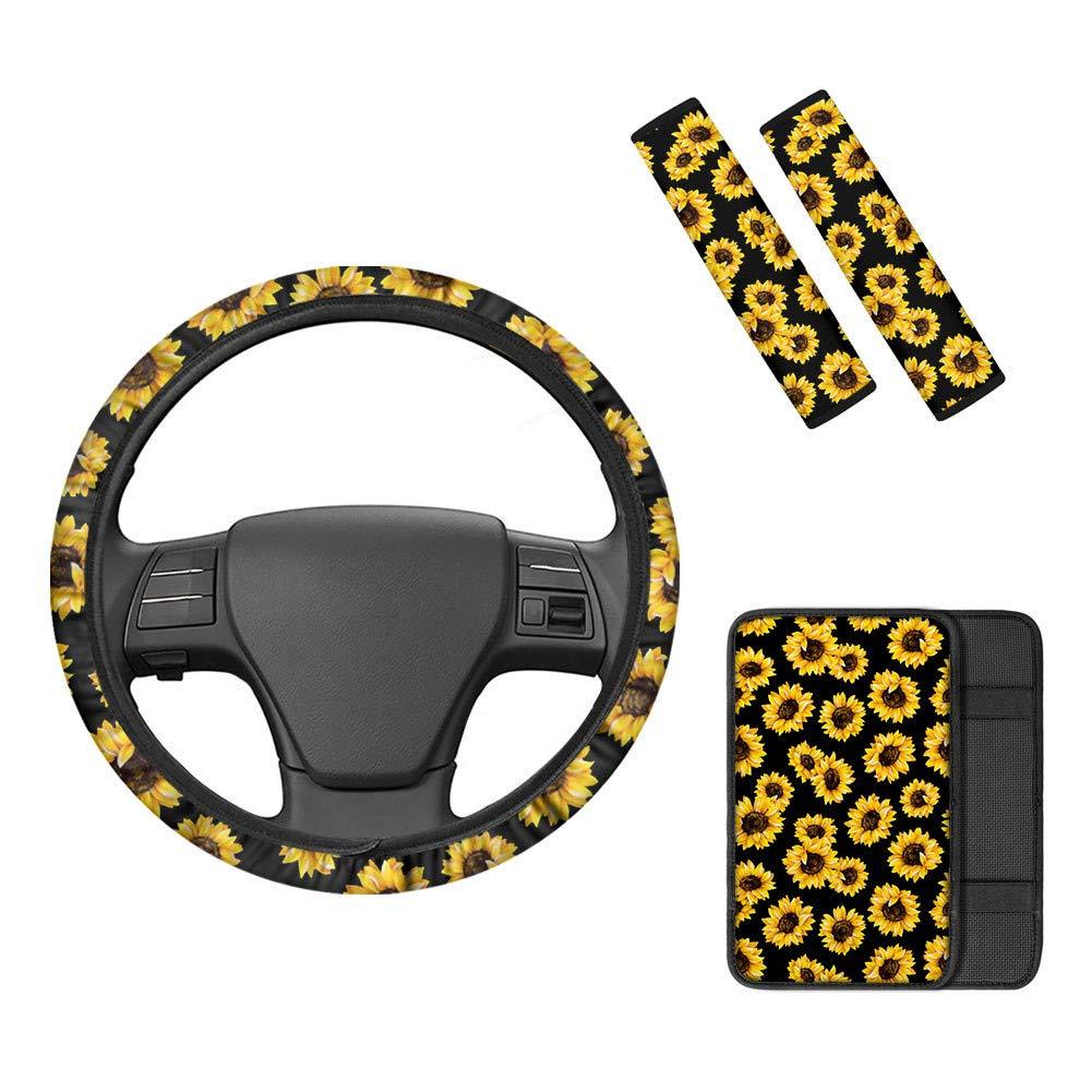  [AUSTRALIA] - Coloranimal Sunflowers 4pcs/Set Seatbelt Shoulder Pads & Neoprene Material Stretch-on Fabric Automotive Steering Wheel Cover Armrest Cover Sunflower