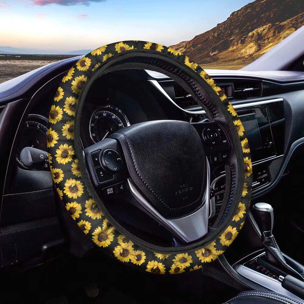  [AUSTRALIA] - Tupalatus Universal Steering Wheel Covers, Black Sunflower Car Steering Wheel Cover for Women and Girls Fabric Cover, Car inner Accessories Sunflower-2