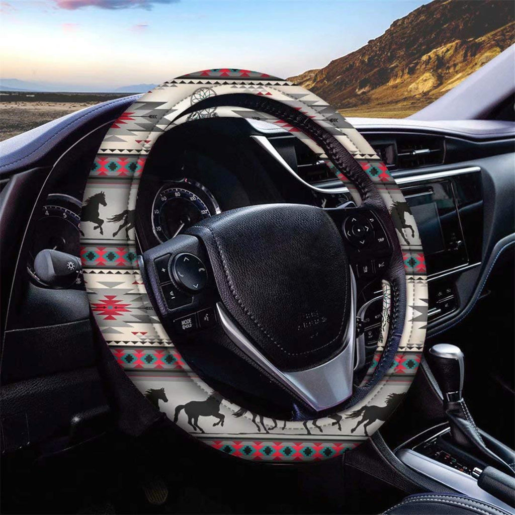  [AUSTRALIA] - LedBack Dreamcatcher Printed Steering Wheel Cover Aztec Style Soft Plush Car Steering Wheel Covers Universal No Fixed Inner Steering Wheel Cover Fit for Truck, SUV, Cars Native American Pattern Dreamcatcher horse1