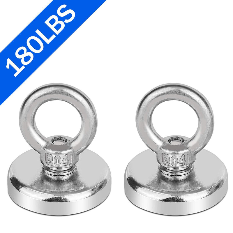 Neodymium Fishing Magnets 2 Pack, 180LBS Pulling Force Strong Round Rare Earth Magnet N52 with Countersunk Hole Eyebolt for Magnetic Fishing, River, Salvage, Treasure Hunting, 1.9" Diameter - LeoForward Australia