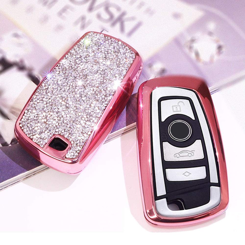  [AUSTRALIA] - Royalfox(TM) Luxury 3 4 Buttons Girly 3D Bling Smart keyless Remote Key Fob case Cover for BMW 1 2 3 5 7 M Series,BMW X1 X3 X4 M2 M3 M4 M5(Model b-Pink) model b-pink