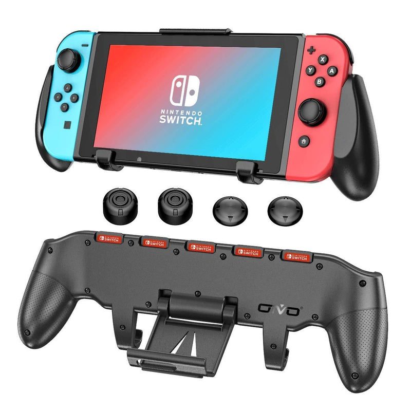  [AUSTRALIA] - Switch Grip with Upgraded Adjustable Stand Compatible with Nintendo Switch, OIVO Asymmetrical Grip with Upgraded Adjustable Stand/Cartridge Holders and 5 Game Slots- 4 Thump Caps Included Black