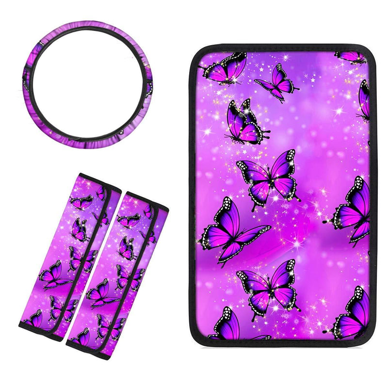  [AUSTRALIA] - LedBack Sweat Absorption Steering Wheel Cover 15Inch with Purple Swirl Butterfly Pattern 2pcs Non Fade Automotive Seat Belt Cover Armrest Center Console Protector Armrest Box Protector Purple Swirl Butterfly116