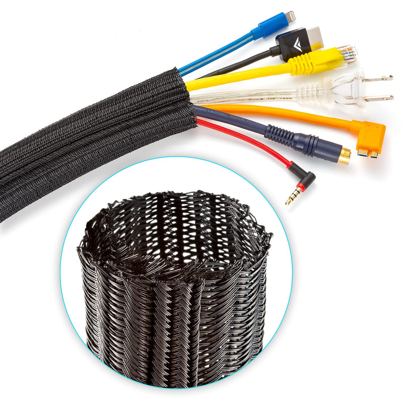  [AUSTRALIA] - Cable Management, 30 ft Long, 1 in. Wide, Braided Cable Sleeve, Wire Loom Split Sleeving for Power Audio and Video Cable Desk Organizer, Black 1" - 30 Feet