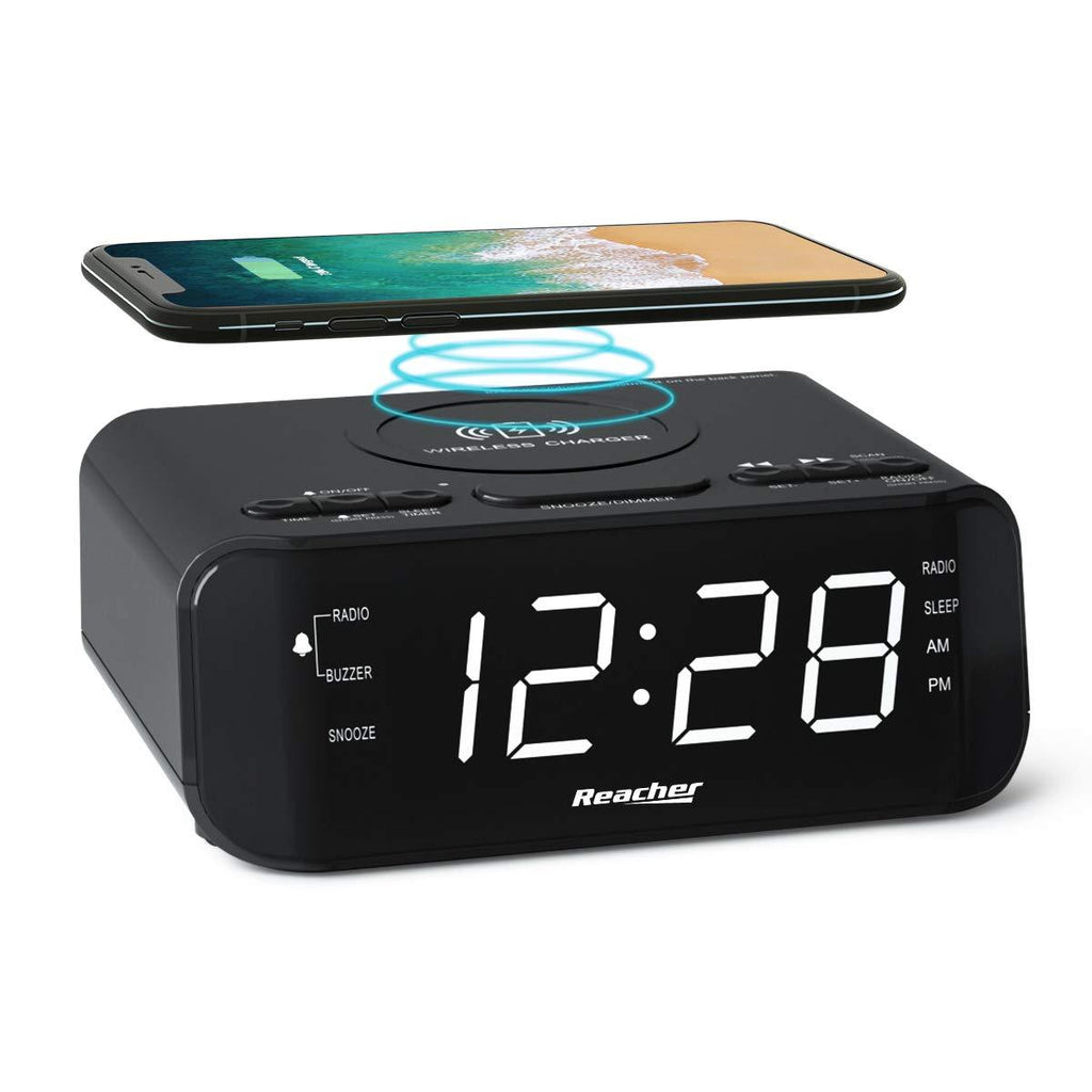  [AUSTRALIA] - REACHER Digital Alarm Clock Radio with Wireless Charging & USB Charger, Large Dimmable LED Display for Bedroom, FM Radio with Sleep Timer, 2 Wake Up Sounds, Adjustable Volume, Compact Size (Black)