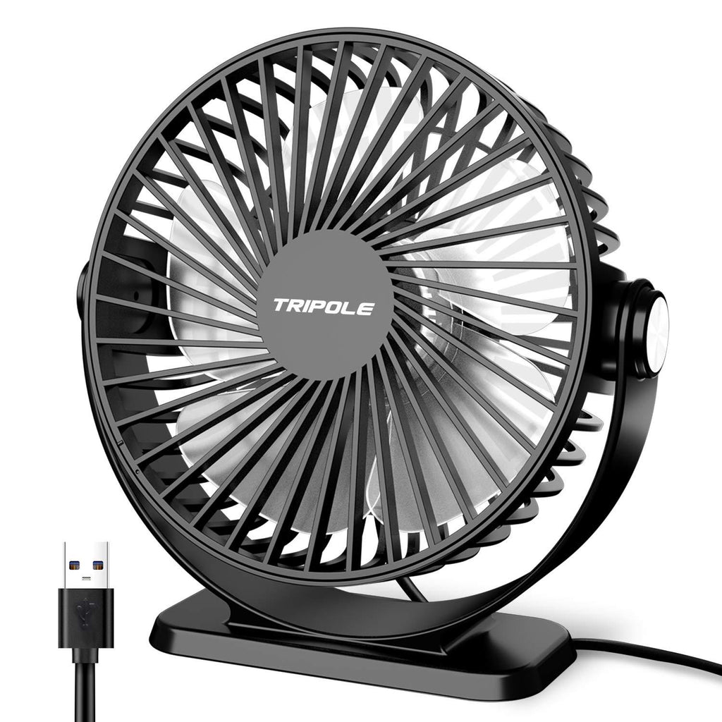  [AUSTRALIA] - TriPole Small Desk Fan USB Powered Portable Fan 3 Speeds Strong Airflow Mini Fan 360°Rotation Personal Fan 5.1 Inch Table Fan for Home Office Bedroom Desktop, Black, 4.9ft Cable