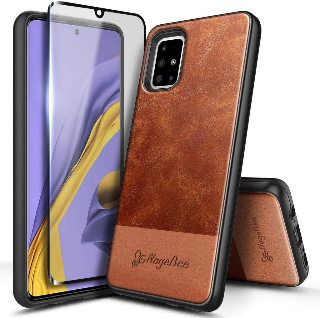 E-Began Case for Samsung Galaxy A51 4G with Tempered Glass Screen Protector (Maximum Coverage), Premium Cowhide Leather Hybrid Defender Protective Shockproof Rugged Durable Case -Brown - LeoForward Australia
