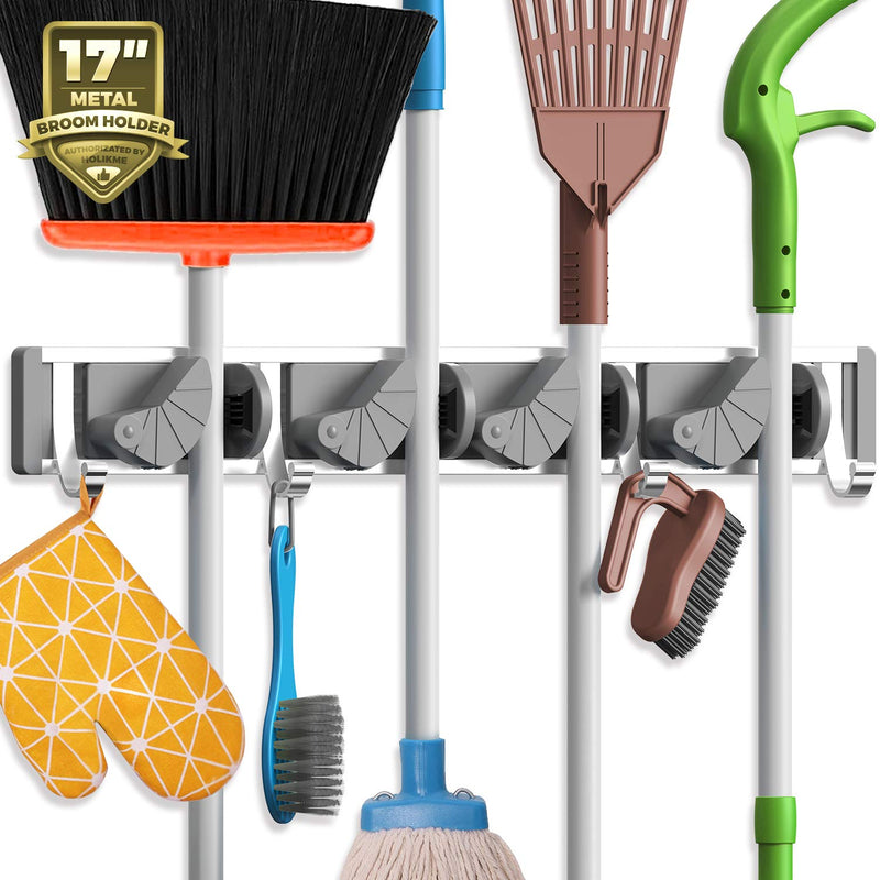  [AUSTRALIA] - Holikme Mop Broom Holder Wall Mount Metal Pantry Organization and Storage Garden Kitchen Tool Organizer Wall Hanger for Home Goods (4 Positions with 4 Hooks, Silver)