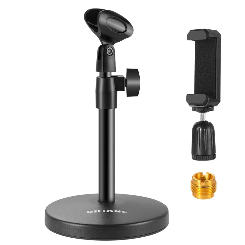  [AUSTRALIA] - BILIONE 3 in 1 Multi-Function Desktop Microphone Stand, Adjustable Table Mic Stand with Microphone Clip, Cell Phone Clip, 5/8" Male to 3/8" Female Metal Adapter