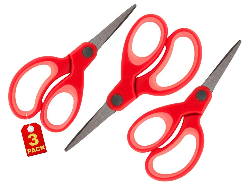  [AUSTRALIA] - 1InTheOffice Kids Scissors Pointed End, 5", Small School Student Scissors Red Two Tone Handle, Set of 3