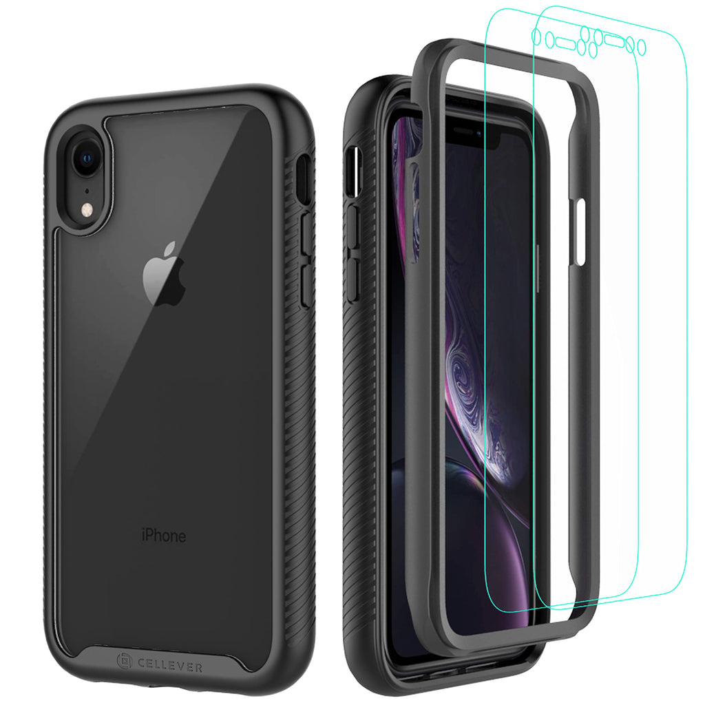 CellEver Compatible with iPhone XR Case, Clear Full Body Heavy Duty Protective Case Anti-Slip Full Body Transparent Cover Designed for iPhone XR 6.1 inch (2X Glass Screen Protector Included) - Black - LeoForward Australia