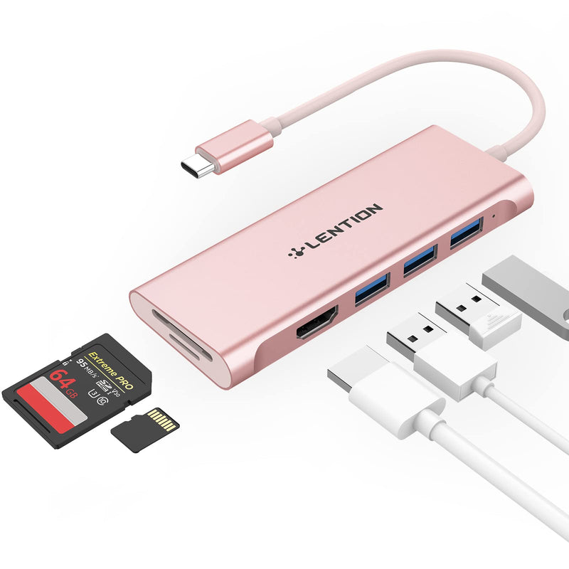  [AUSTRALIA] - LENTION USB C Hub with 4K HDMI, 3 USB 3.0, SD 3.0 Card Reader Compatible 2021-2016 MacBook Pro 13/15/16, New Mac Air/iPad Pro/Surface, More, Multiport Stable Driver Dongle Adapter (CB-C34, Rose Gold)