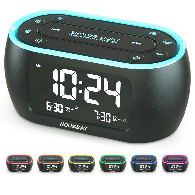  [AUSTRALIA] - Housbay Glow Small Alarm Clock Radio for Bedrooms with 7 Color Night Light, Dual Alarm, Dimmer, USB Charger, Battery Backup, Nap Timer, FM Radio with Auto-Off Timer for Bedside Black