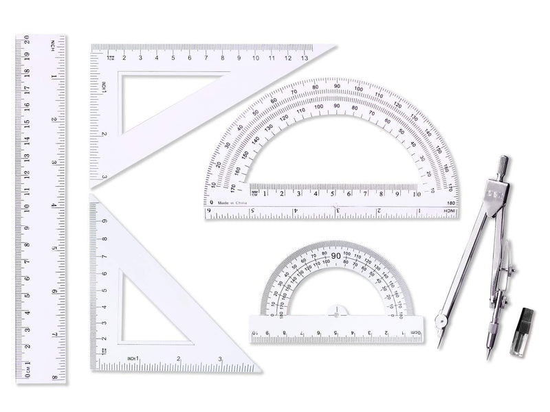 oxe Student Math Geometry Set,Drawing Compass 4 Inch and 6 Inch Clear Math Protractor Triangle Ruler 30/60 45/90 Degree and 8 Inch Ruler,Set of 6 Pcs - LeoForward Australia