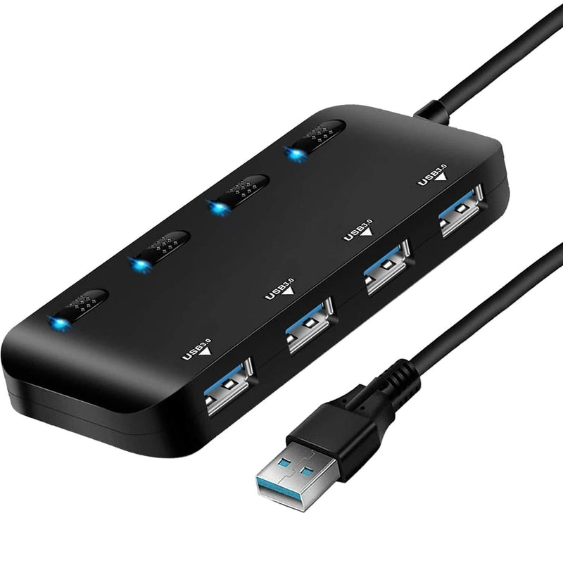 4-Port USB 3.0 Hub with Individual Power Switches and Lights, High-Speed Data Hub Splitter Portable USB Extension Hub for PC Laptop and More (No Power Adapter) - LeoForward Australia
