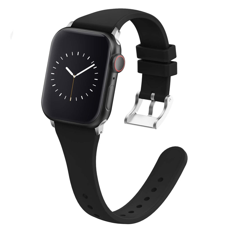 Compatible with Apple Watch Bands 38mm 40mm 42mm 44mm for Women Men, Adepoy Soft Silicone Narrow Slim Replacement Sport Wristbands for iWatch Series 6 5 4 3 2 1 SE 38/40mm S/M Black - LeoForward Australia