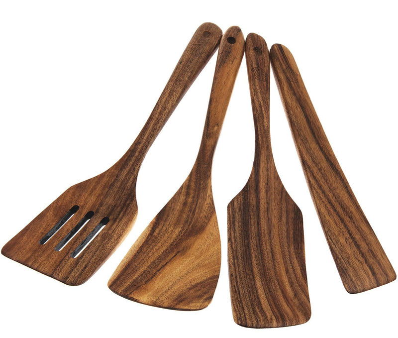  [AUSTRALIA] - Wooden Spatula for Cooking, Kitchen Spatula Set of 4, Natural Teak Wooden Utensils including Wooden Paddle, Turner Spatula, Slotted Spatula and Wood Scraper. Nonstick cookware.