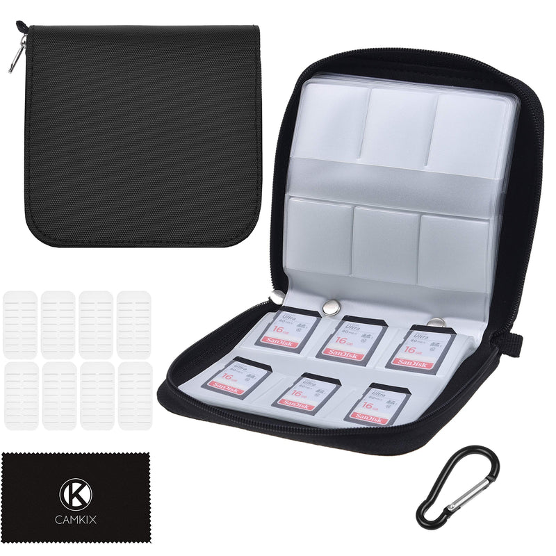 Memory Card Case - Fits up to 88x SD, SDHC, Micro SD, Mini SD and 4X CF - Holder with 88 Slots (8 Pages) - for Storage and Travel - Microfiber Cleaning Cloth, Carabiner and Labels Included (Black) - LeoForward Australia
