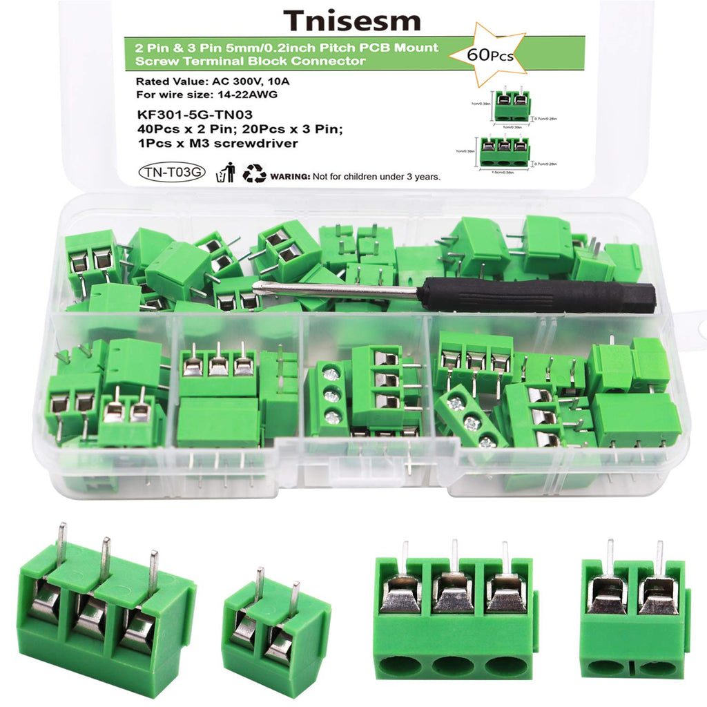  [AUSTRALIA] - Tnisesm/60pcs 2 Pin & 3 Pin 5mm/0.2inch Pitch PCB Mount Screw Terminal Block Connector (Can be Spliced) TN-T03G