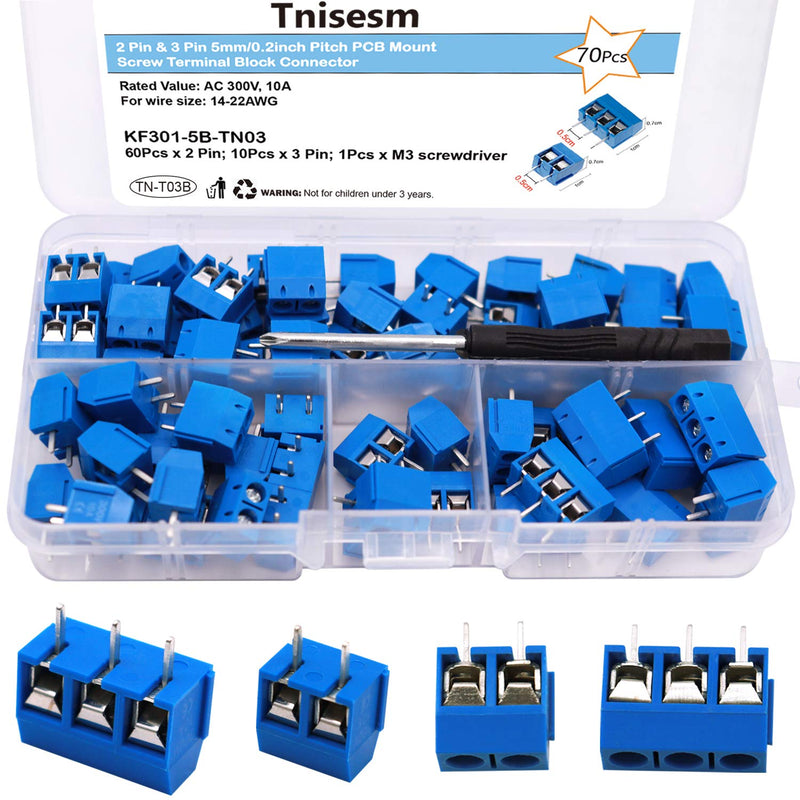  [AUSTRALIA] - Tnisesm/70pcs 2 Pin & 3 Pin 5mm/0.2inch Pitch PCB Mount Screw Terminal Block Connector (Can be Spliced) TN-T03B