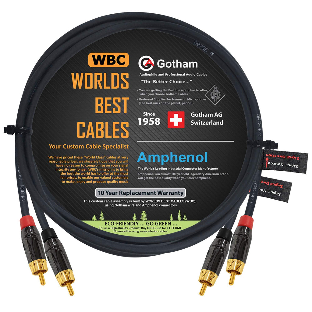 2 Foot RCA Cable Pair - Gotham GAC-4/1 (Black) Star-Quad Audio Interconnect Cable with Amphenol ACPL Black Chrome Body, Gold Plated RCA Connectors - Directional - LeoForward Australia