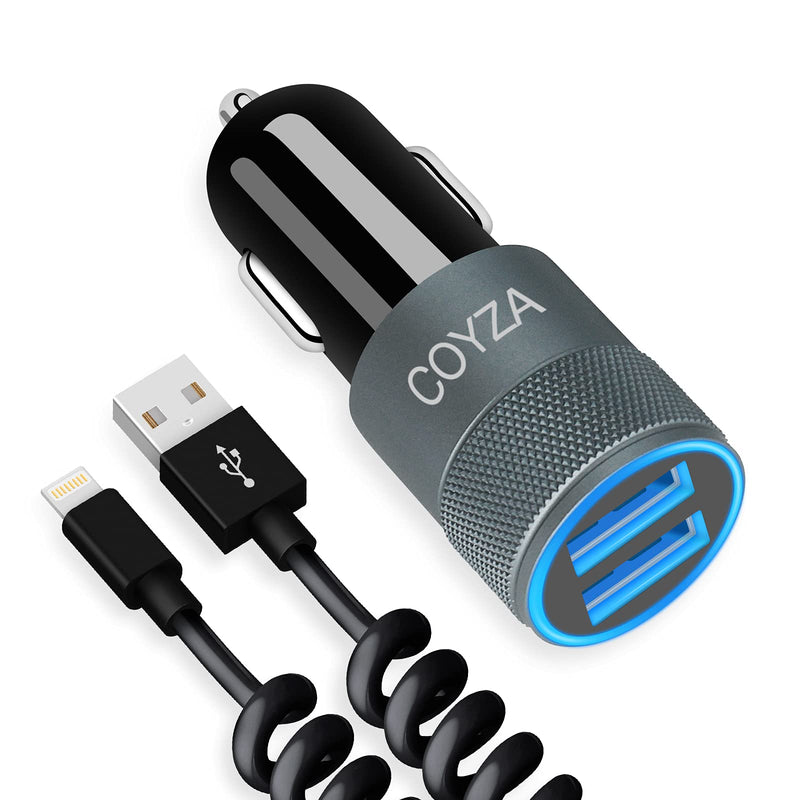  [AUSTRALIA] - COYZA Fast Car Charger Adapter, Compatible with iPhone 13/12/11/Pro Max/Pro/Mini/X/XS/XS MAX/XR/SE 2020/8 Plus/8/7 Plus/7/6s/6/5/SE, 3.1A Dual USB Ports with Coiled Charging Cable Cord Black