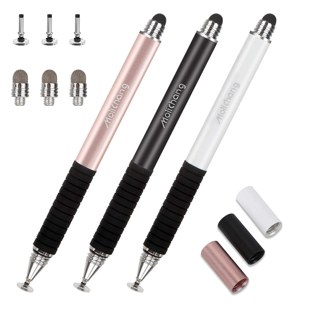 Capacitive Stylus Pens, 2 in 1 Universal Disc Stylist Pens for All Capacitive Touch Screens Cell Phones, iPad, Tablet, Laptops with 6 Replacement Tips by Molichang (3 Pcs) (Black/White/Rose) - LeoForward Australia