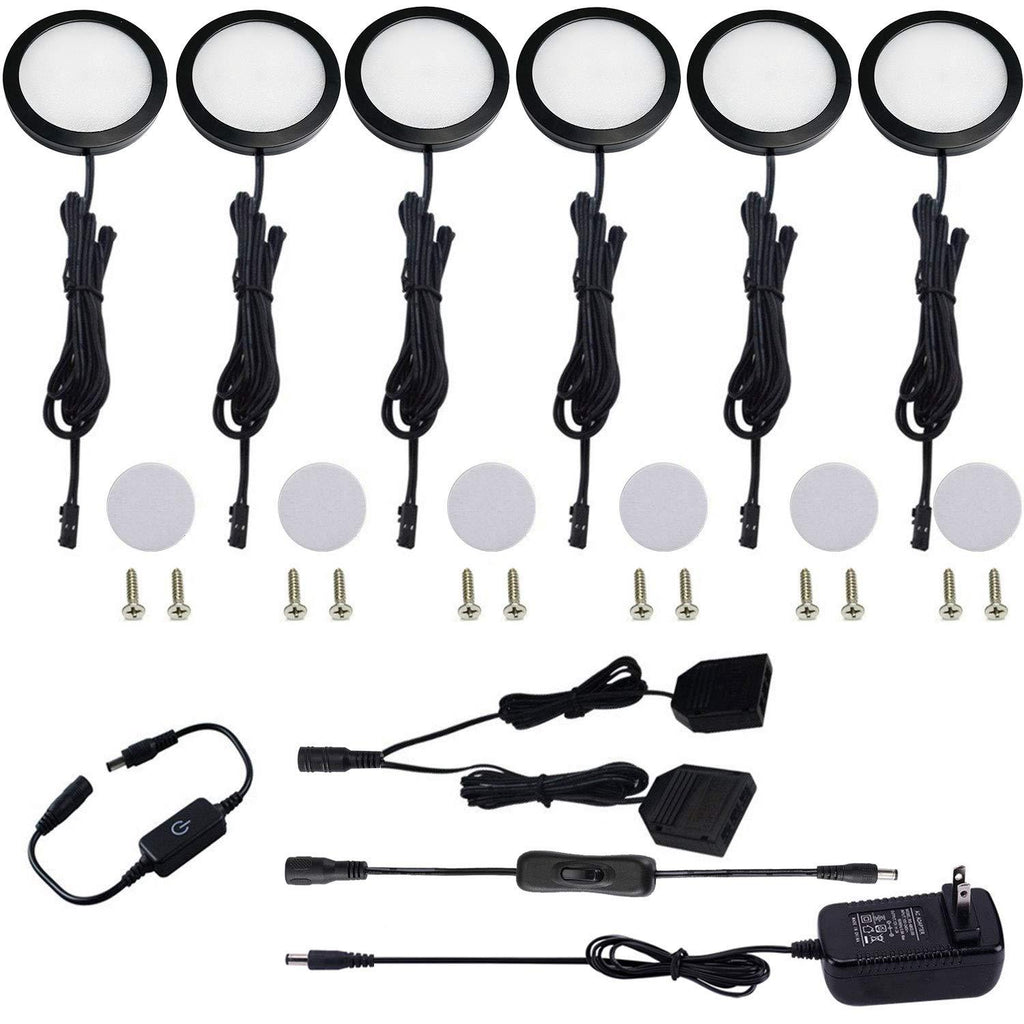 AIBOO Under Cabinet LED Black Cover Puck Lighting Kit with Touch Dimmer Switch for Kitchen Cupboard Closet Lighting (6 Lights,Daylight White) 6000k Daylight White - LeoForward Australia