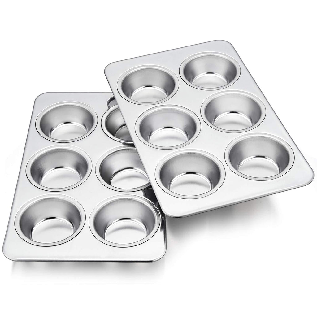  [AUSTRALIA] - TeamFar Muffin Pan, 6 Cup Muffin Tins Pans for Baking, Cupcake Pan Tray Set Stainless Steel for Making Cakes Cornbread Quiche and More, Healthy & Non Toxic, Oven & Dishwasher Safe - Set of 2