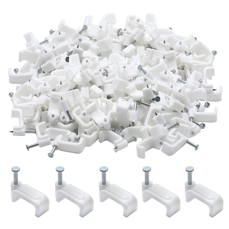  [AUSTRALIA] - PHITUODA 200pcs 14mm Flat Ethernet Cable Wire Clips Single Coaxial Cable Clamps with Nail for Cable Management(White)