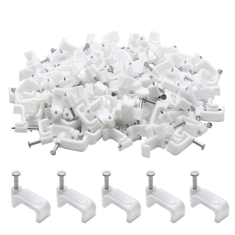  [AUSTRALIA] - PHITUODA 100pcs 14mm Flat Ethernet Cable Wire Clips Single Coaxial Cable Clamps with Nail for Cable Management(White)
