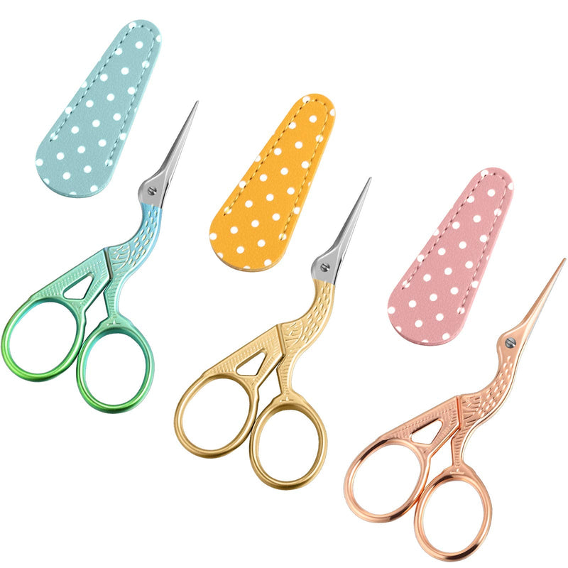  [AUSTRALIA] - 3 Pieces Sewing Embroidery Stork Scissors with 3 Pieces Leather Scissors Cover, Small Stainless Steel Crane Shape Scissors for Manual Sewing Handicraft DIY Tool