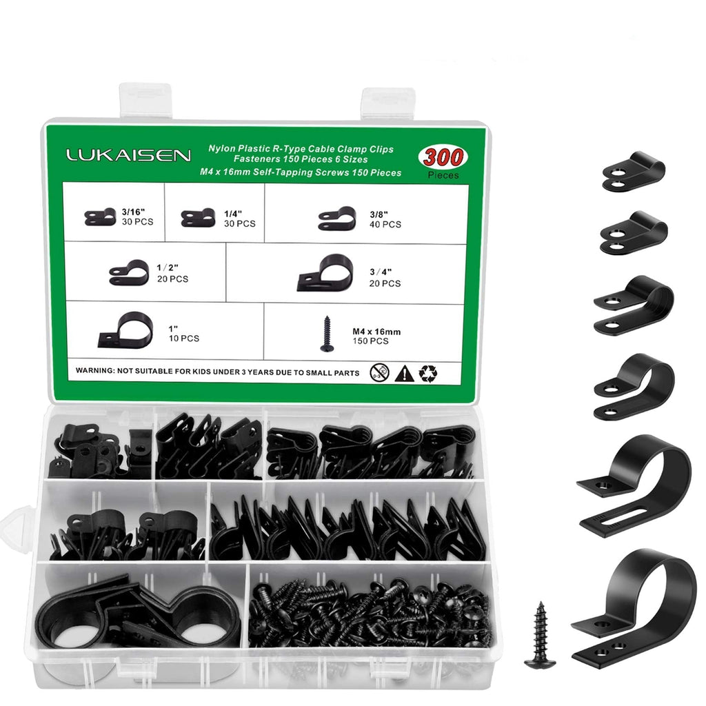  [AUSTRALIA] - Cable Clips for Cable Management Cord Organizer, 6 Sizes 300 PCS Nylon R-Type, 3/16'' 1/4'' 3/8'' 1/2'' 3/4'' 1'' Black Plastic Screw Mounting Cord Fastener Clamp Assortment Kit with M4 Screws