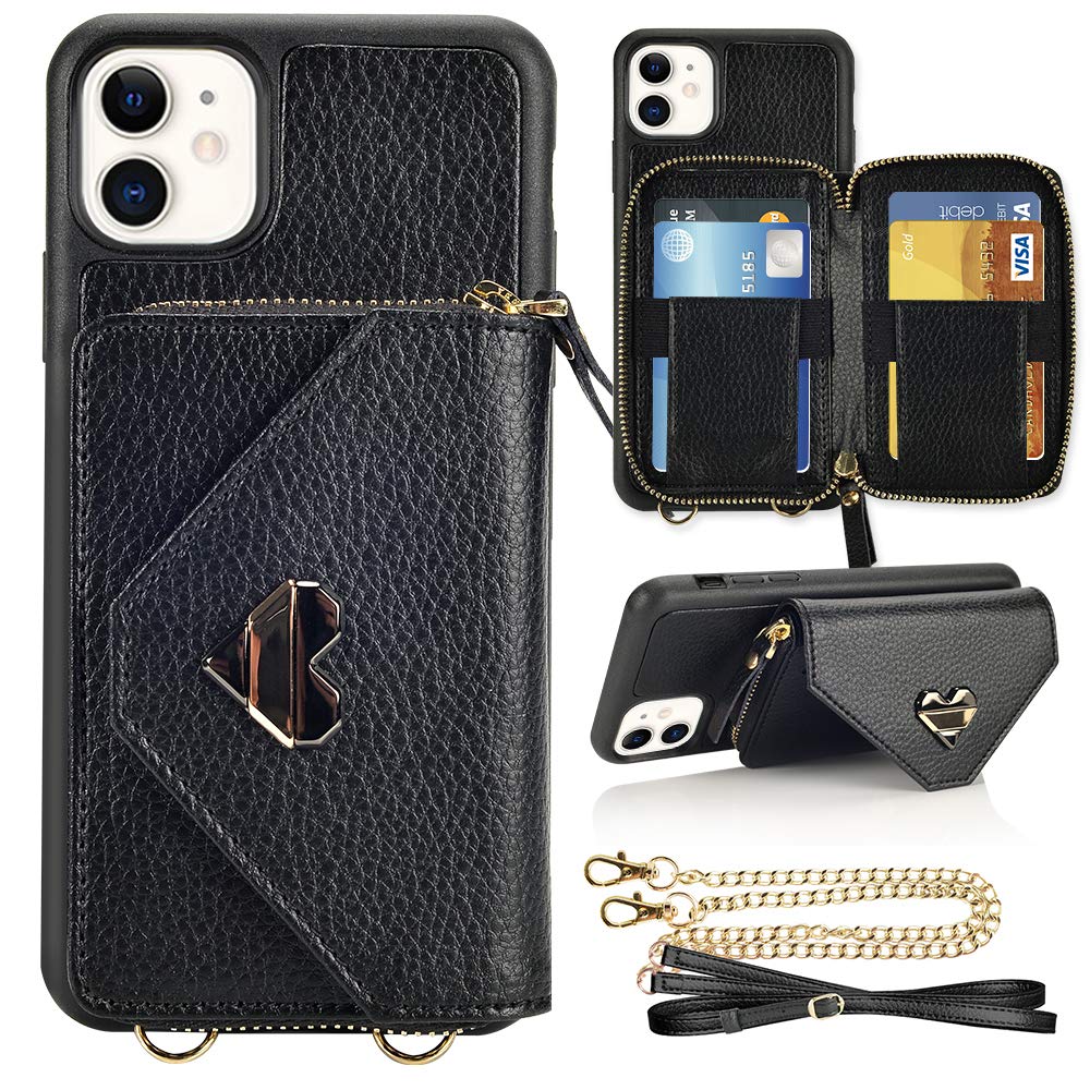  [AUSTRALIA] - iPhone 11 Wallet Case, 6.1 inch, JLFCH iPhone 11 Crossbody Case with Card Holder Wrist Strap Purse Chain Zipper Cover for iPhone 11 6.1 inch - Black iPhone 11 6.1'' - Black iPhone 11 - 6.1''