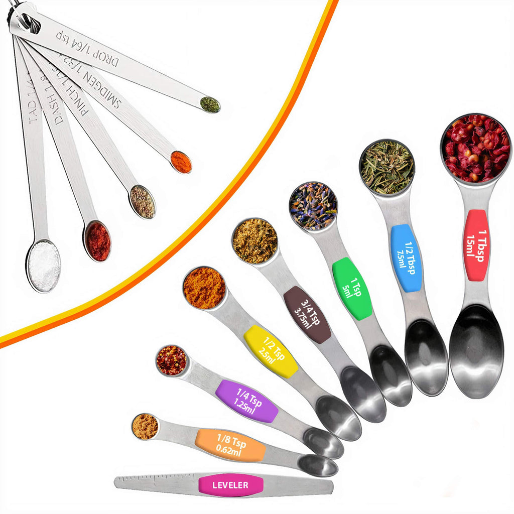  [AUSTRALIA] - Stainless Steel Measuring Spoons Set, Including 8 Double Sided Magnetic Measuring Spoons, 5 Mini Measuring Spoons,Fits in Spice Jar (Multicolor) Multicolor