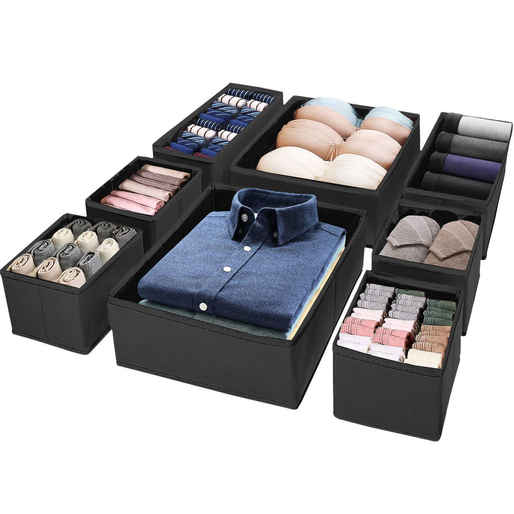  [AUSTRALIA] - (8 Set) Puricon Clothes Organizers Dresser Drawer Organization, Foldable Closet Organizer Underwear Basket Cubes Containers for Storing Bras, Baby Clothing, T Shirt, Socks, Scarves, Ties -Black Black