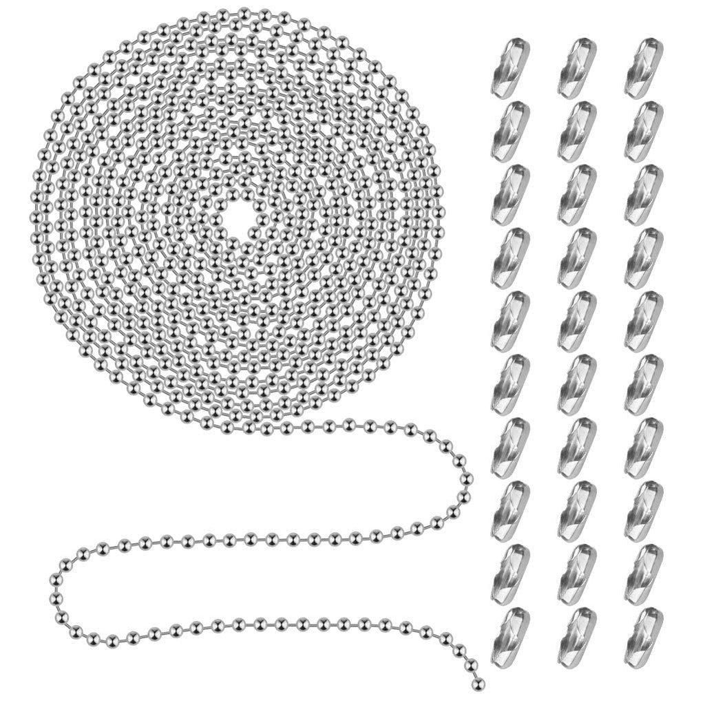  [AUSTRALIA] - Beaded Pull Chain Extension with Connector, 20 Feet Beaded Roller Chain with 30 Connectors for Ceiling Fan Light Lamp (3.2mm, Silver)