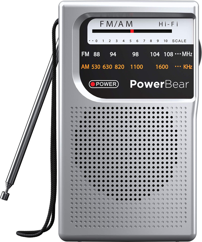  [AUSTRALIA] - PowerBear Portable Radio | AM/FM, 2AA Battery Operated with Long Range Reception for Indoor, Outdoor & Emergency Use | Radio with Speaker & Headphone Jack (Silver) Silver