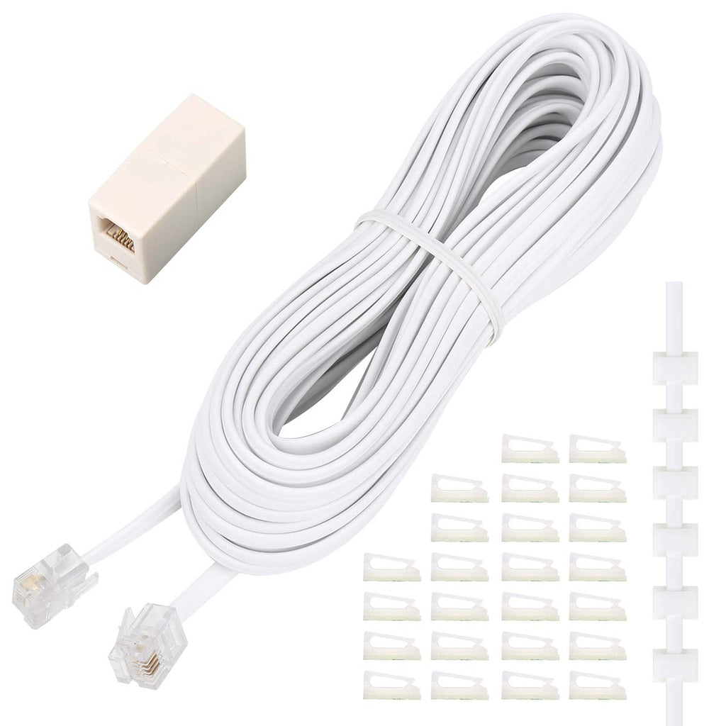  [AUSTRALIA] - Phone Extension Cord 33 Ft, Telephone Cable with Standard RJ11 Plug and 1 in-Line Couplers and 20 Cable Clip Holders, White