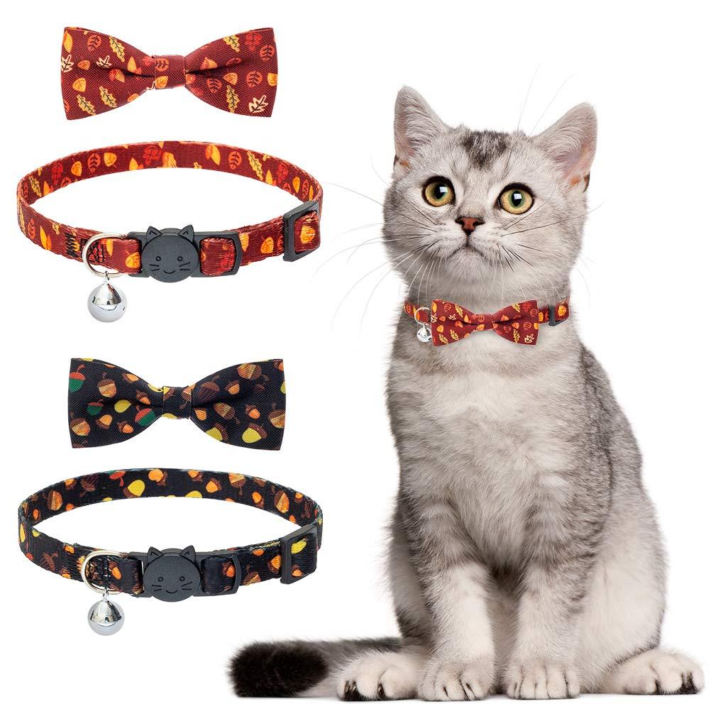 PUPTECK Autumn Cat Collar with Bells - 2 Packs Bowtie Breakaway Cat Collars Fall Pattern for Halloween/Thanksgiving Day, Soft Adjustable Pet Puppy Kitty Collars Leaves + Deal Apple - LeoForward Australia