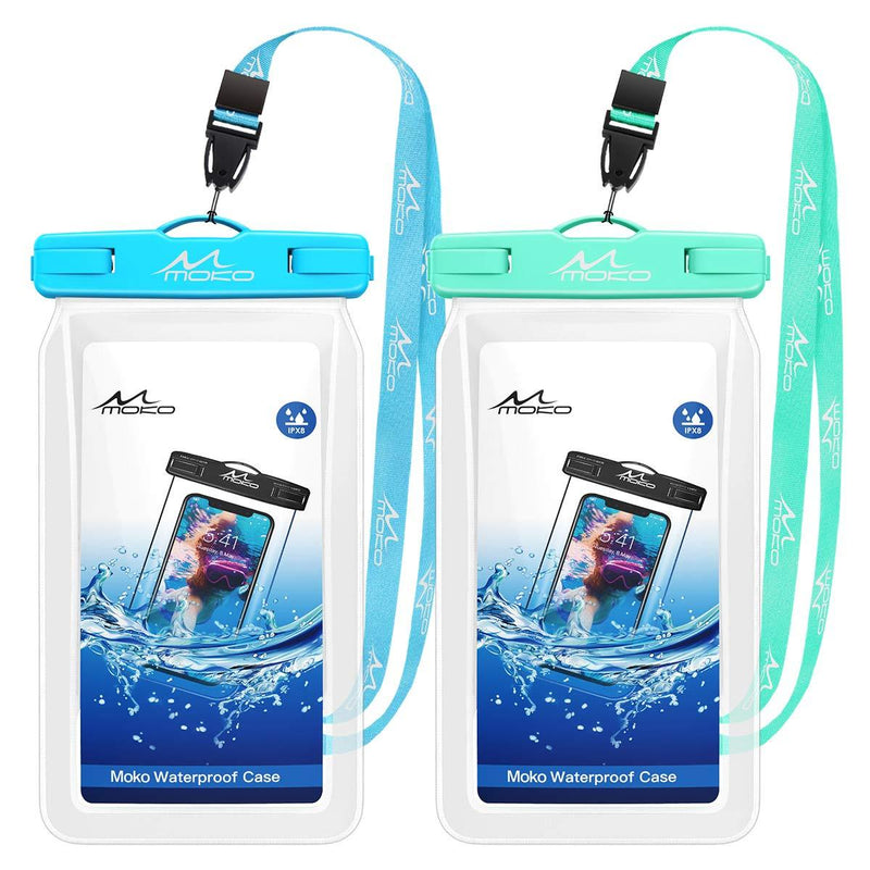  [AUSTRALIA] - MoKo Floating Waterproof Phone Pouch Holder [2 Pack], Floatable Phone Case Dry Bag with Lanyard Compatible with iPhone 13/13 Pro Max/iPhone 12/12 Pro Max/11 Pro, X/Xr/Xs Max, Samsung S21/S20/S10/S9/S8 Blue & Mint Green