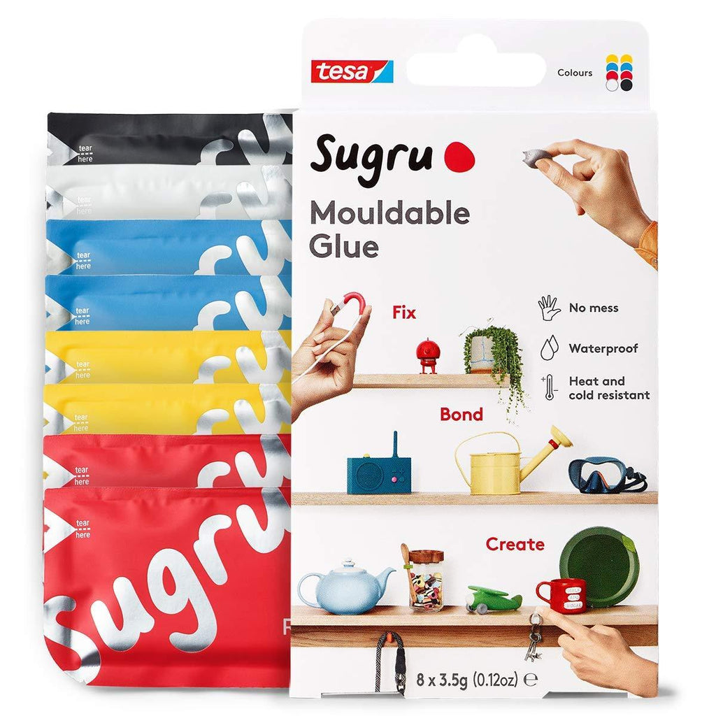 Sugru Moldable Multi-Purpose Glue for Creative Fixing and Making, 8-Pack, Black, White, Red, Yellow & Blue, 8 Piece - LeoForward Australia