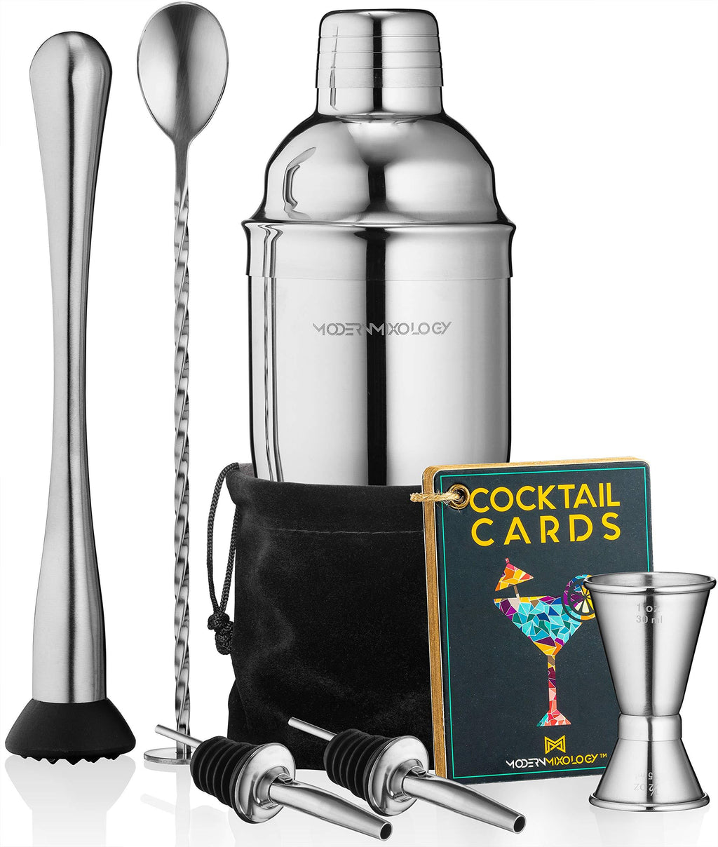 Mixology Cocktail Shaker Set Drink Mixer, 8-piece Portable Bartender Kit with 24oz Martini Shaker Barware Tool Set, 2 Pourers, Muddler, Jigger, Mixing Spoon, Velvet Bag, Built-in Strainer (Silver) Silver - LeoForward Australia