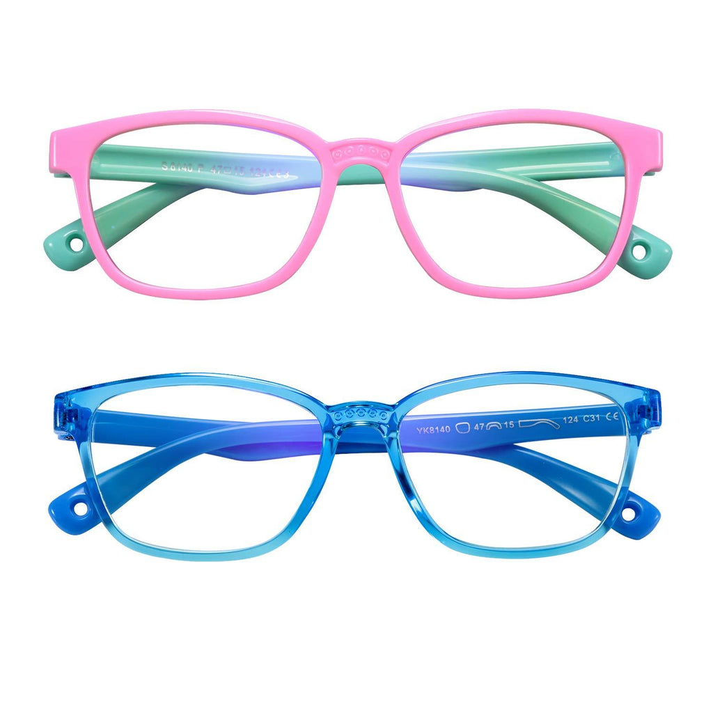  [AUSTRALIA] - AHXLL Kids Blue Light Blocking Glasses 2 Pack, Anti Eyestrain & UV Protection, Computer Gaming TV Phone Glasses for Boys Girls Age 3-9 (Pink Green+ Transparent Blue) Pink Green+ Transparent Blue