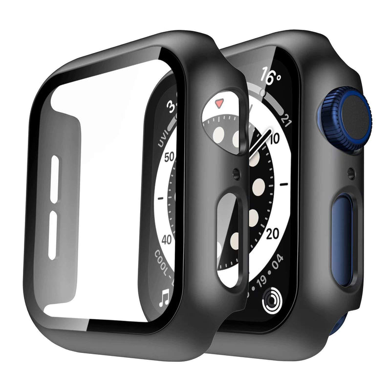 TAURI 2 Pack Hard Case Compatible for Apple Watch SE Series 6 5 4 44mm Built in 9H Tempered Glass Screen Protector Slim Bumper Touch Sensitive Full Protective Cover Compatible for iWatch 44mm - Black - LeoForward Australia