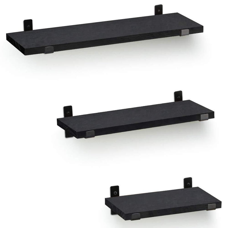  [AUSTRALIA] - Solid Wood Floating Shelves with T Metal Rack Set of 3 for Wall Mounted Storage in Kitchen Bathroom Livingroom with Free Grouping Black