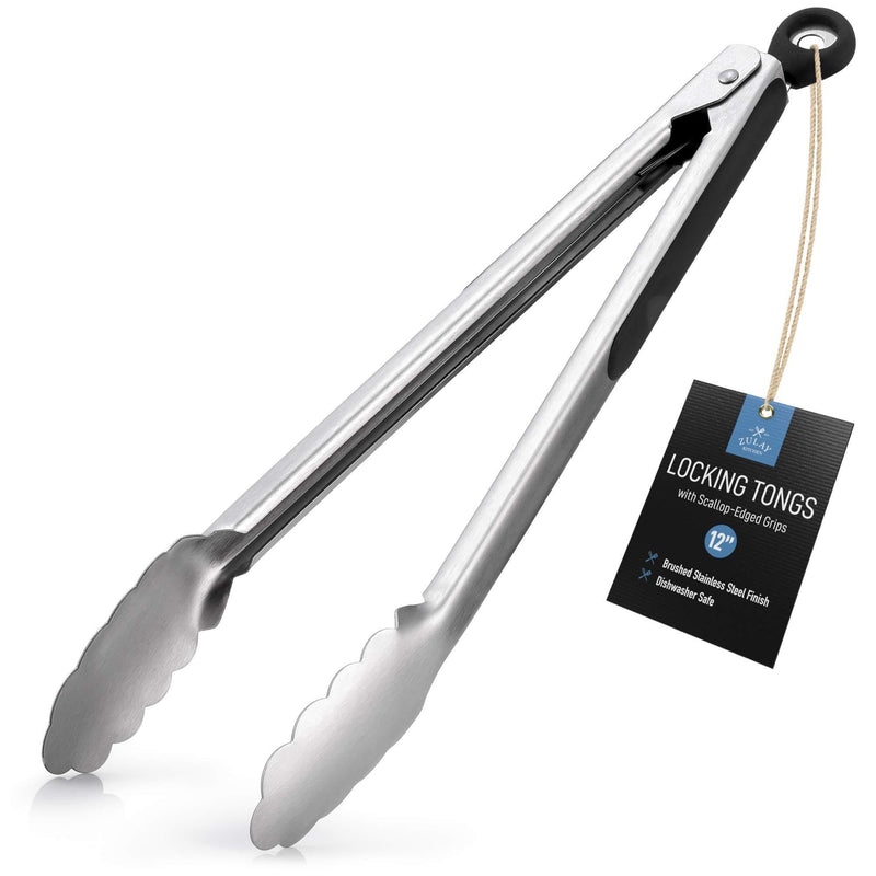  [AUSTRALIA] - Zulay (12 Inch) Stainless Steel Tongs For Cooking - Scallop Head Edge Kitchen Tongs - Easy Grip BBQ Grill Tongs With Lock Mechanism - Heavy Duty Metal Tongs For Barbecue, Cooking, Frying, and More