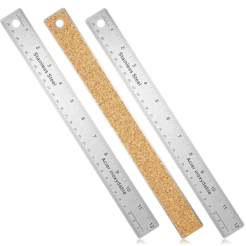  [AUSTRALIA] - 3 Pieces Stainless Steel Cork Base Rulers 12 Inches 30 cm Non Slip Straight Edge Ruler, Inch and Metric Graduations Measuring Corkback Ruler for School Office Drawing Measuring Engineering Woodworking